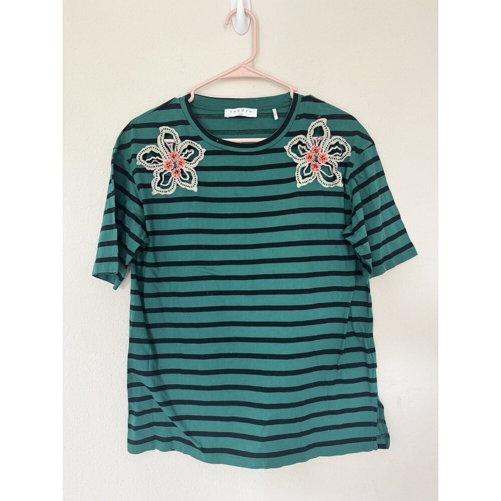 Sandro Paris Striped Floral Cutout Embellished Top Designer Size Small Preppy